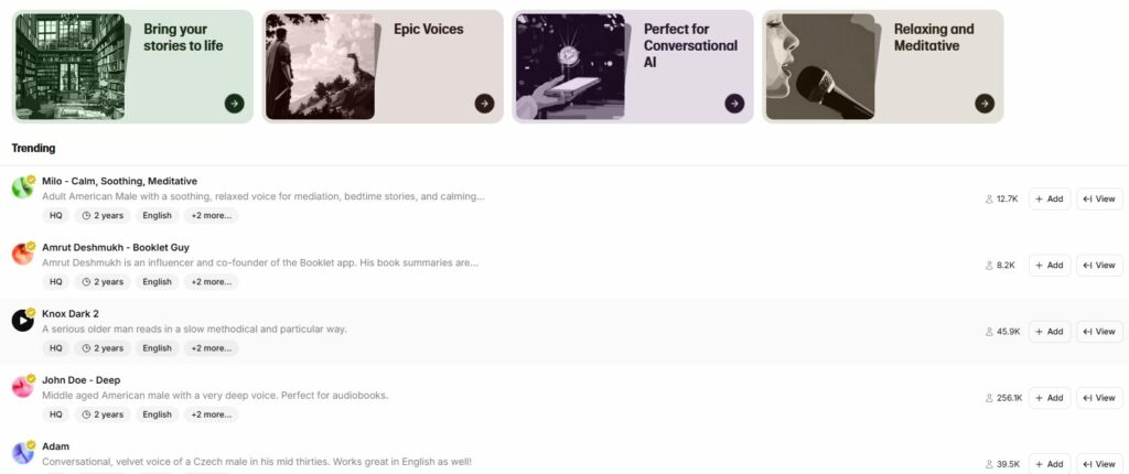 La librairie des différentes voix disponibles sur ElevenLabs