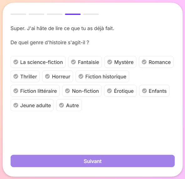 Les types d'histoires possibles sur SudoWrite