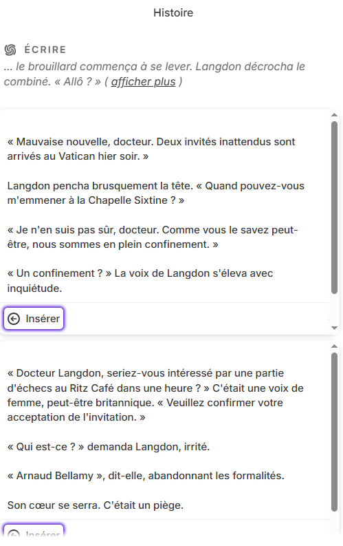 Suggestion de déroulement du récit par SudoWrite
