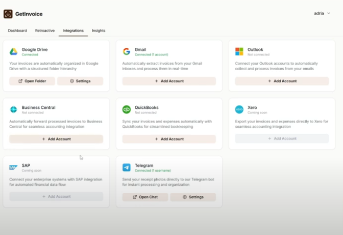 intégrations des applications dans getinvoice