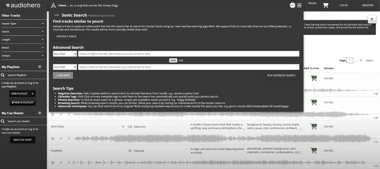 selection par style de musique sur audiohero