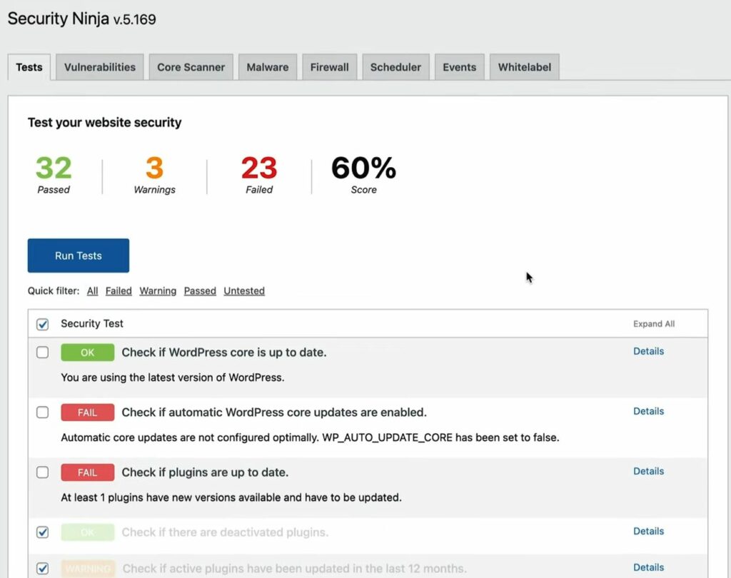 Analyse de site web par WP security Ninja