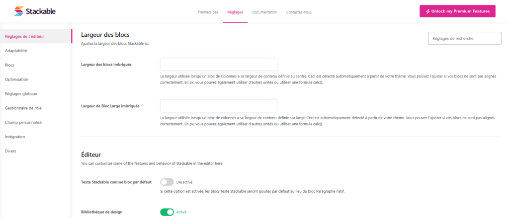 Réglages de l'extension